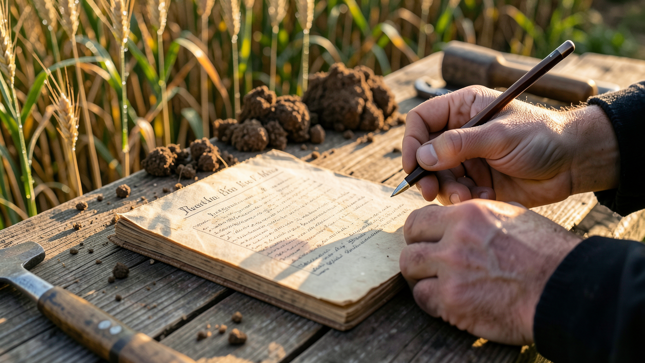 A weathered wooden farming ledger lies on a farm table as a farmer writes with a pen, with barley plants and soil in the background under golden-hour light.